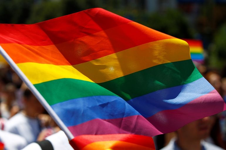 The rainbow flag, commonly known as the gay pride flag or LGBT pride flag, is seen during the first Gay Pride parade in Skopje, North Macedonia June 29, 2019