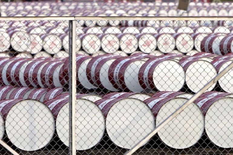 A file picture dated 11 November 2008 shows barrels of oil stacked up at a fuel depot in Jakarta, Indonesia