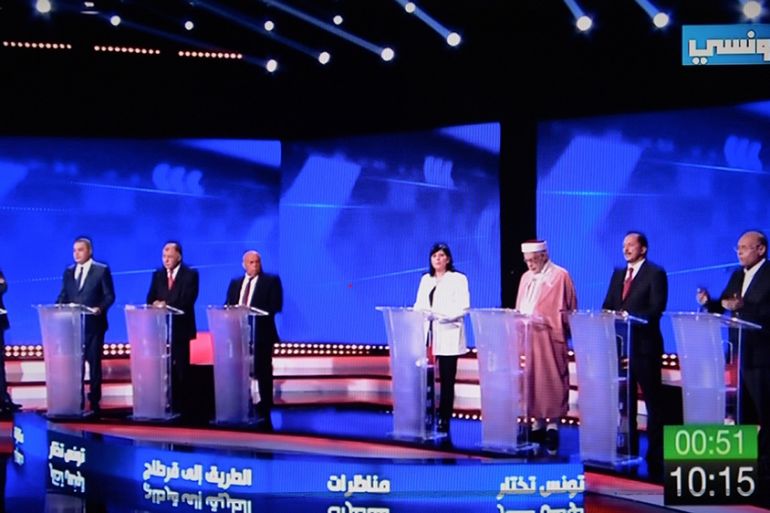 This tv grab taken from Ettounsiya TV shows candidates attending a TV debate for presidential candidates on September 7, 2019 in Tunis. - Days before the first round of Tunisia''s presidential election