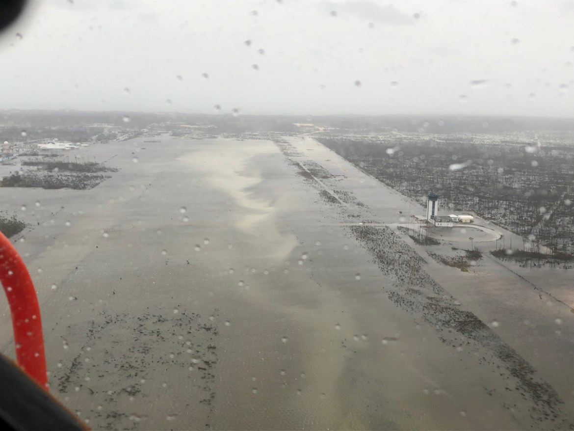 An aerial photo shows flooding over an unspecified location in the Bahamas aftermath of the Hurricane Dorian, in this September 2, 2019 photo. Picture taken September 2, 2019. Courtesy Coast Guard A