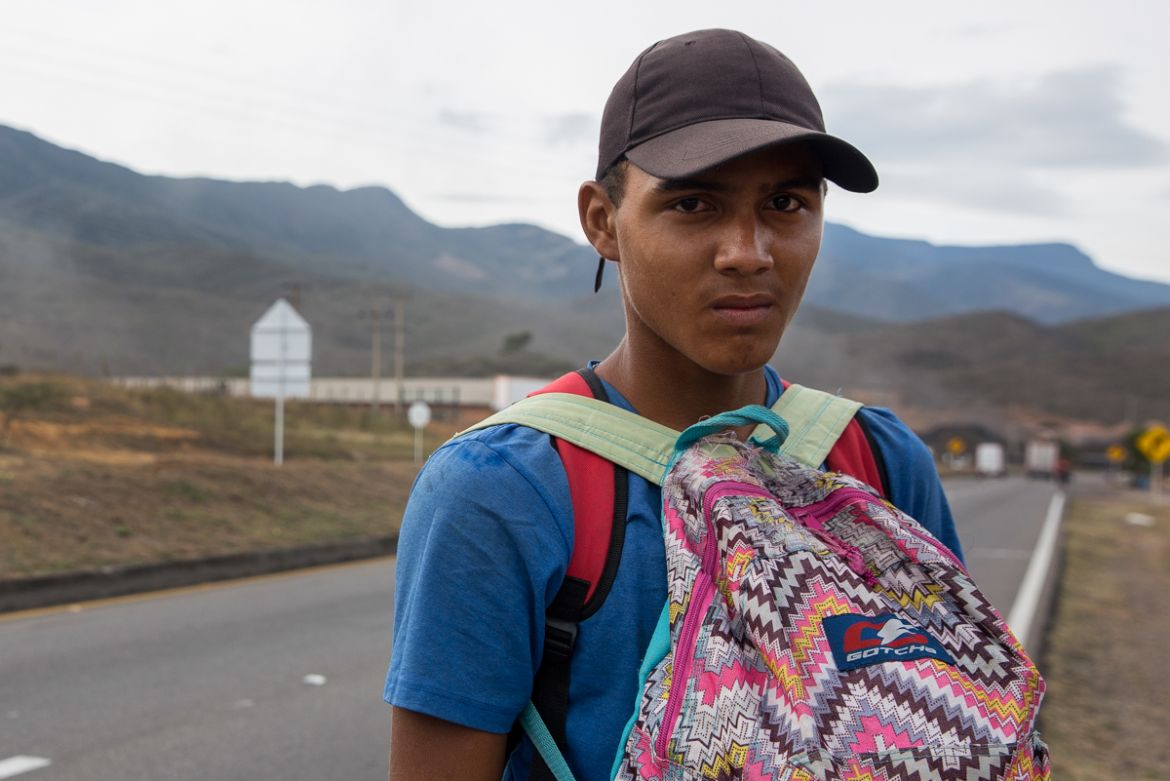 Luis Pere´z, 16 from Tachira´, Venezuela fled the country alone after struggling to get an education and watching his family starve. He walks to Bogota´ where he wants to send money home to the family