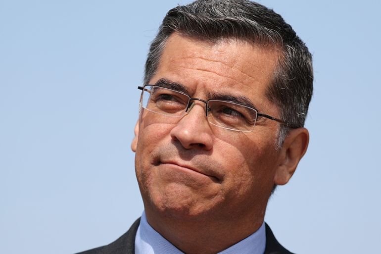 California Attorney General Xavier Becerra speaks about President Trump''s proposal to weaken national greenhouse gas emission and fuel efficiency regulations, at a media conference in Los Angeles, US