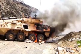 This image grab taken from a handout video released by Ansarullah, the Huthi rebels fighting the Saudi coalition in Yemen, on September 29, 2019, allegedly shows a military vehicle on fire in an Augus