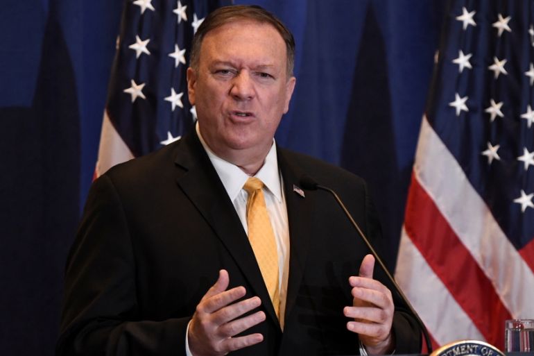 U.S. Secretary of State Mike Pompeo speak during a press conference at the Palace Hotel on the sidelines of the 74th session of the United Nations General Assembly in New York City