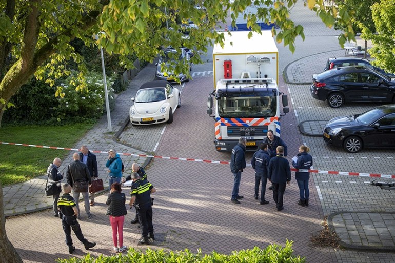 Police investigates for evidence after lawyer Derk Wiersum was shot dead during a shooting at the Imstenrade in Buitenveldert, the Netherlands, 18 September 2019. Wiersum represented crown witness Nab