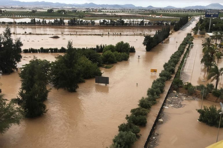 An aerial view of floods in the municipality of Los Alcazares after torrential rains in Murcia, eastern Spain