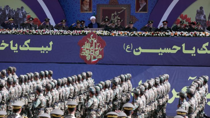 Iranian President Hassan Rouhani delivers a speech during the ceremony of the National Army Day parade in Tehran