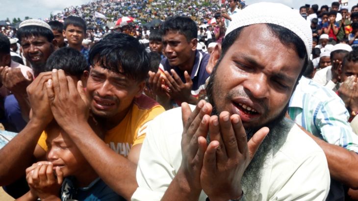 Rohingya refugees take part in a prayer as they gather to mark the second anniversary of the exodus at the Kutupalong camp in Cox’s Bazar