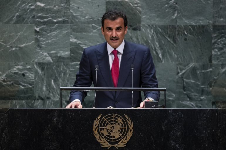 Emir of Qatar Sheikh Tamim bin Hamad al-Thani speaks during the 74th Session of the United Nations General Assembly at UN Headquarters in New York, September 24, 2019. Johannes EISELE / AFP