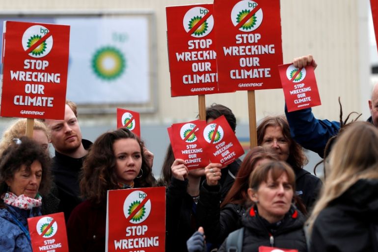 Climate change activists demonstrate outside the BP AGM in Aberdeen