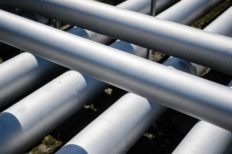 A general view of tubes and pipes at the PCK oil refinery in Schwedt, Germany, 30 April 2019