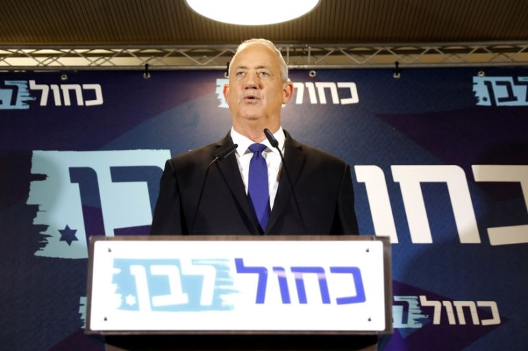 Benny Gantz, leader of Blue and White, delivers a statement before his party faction meeting in Tel Aviv, Israel