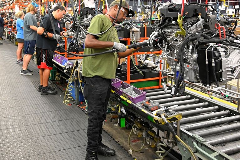 Engines assembled as they make their way through the assembly line at the General Motors (GM) manufacturing plant in Spring Hill, Tennessee, US August 22, 2019