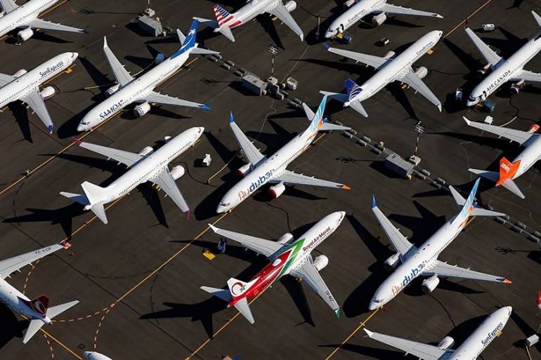 Grounded Boeing 737 MAX aircraft are seen parked in an aerial photo at Boeing Field in Seattle, Washington, U.S. July 1, 2019