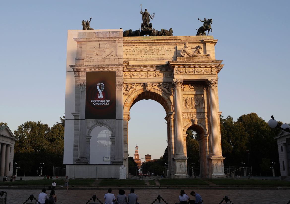 The Qatar 2022 World Cup logo is displayed at the Arch of Peace, on the occasion of its worldwide launch, in Milan, Italy, Tuesday, Sept. 3, 2019. (AP Photo/Luca Bruno)