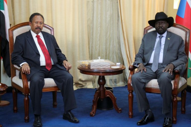 Sudan''s prime minister Abdalla Hamdok and South Sudan''s President Salva Kiir Mayardit are seen during their meeting in Juba