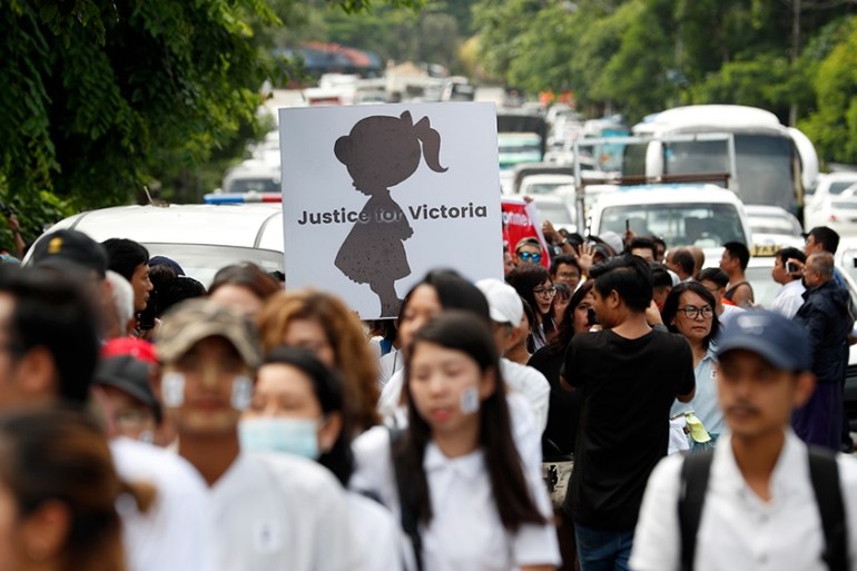 People shout slogans during a protest calling for justice in a rape case, in Yangon, Myanmar, 06 July 2019. Thousands of people gathered to march to the Criminal Investigation Department (CID) to dema