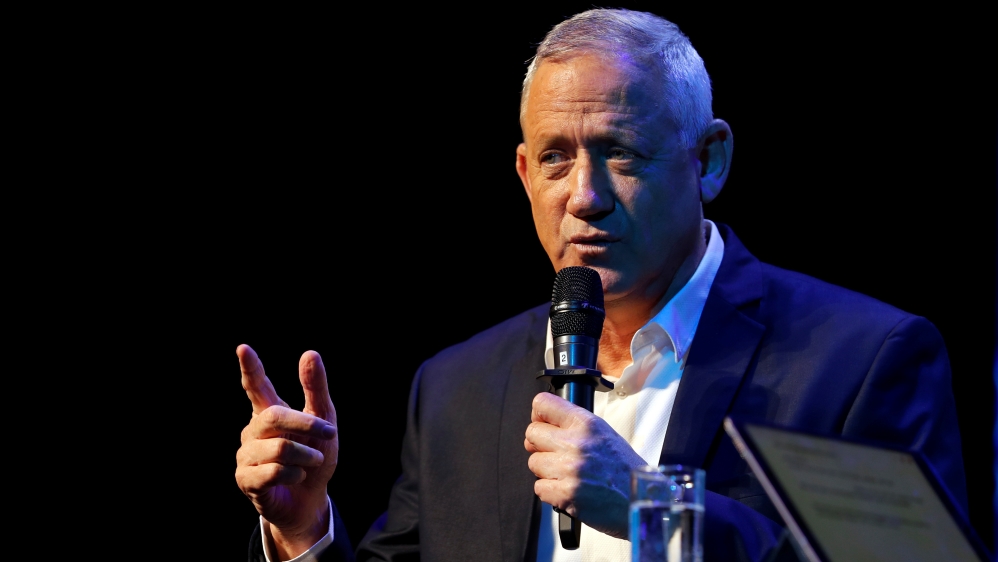 Benny Gantz, the leader of Blue and White party speaks at an event hosted by the Tel Aviv International Salon ahead of general election, in Tel Aviv, Israel