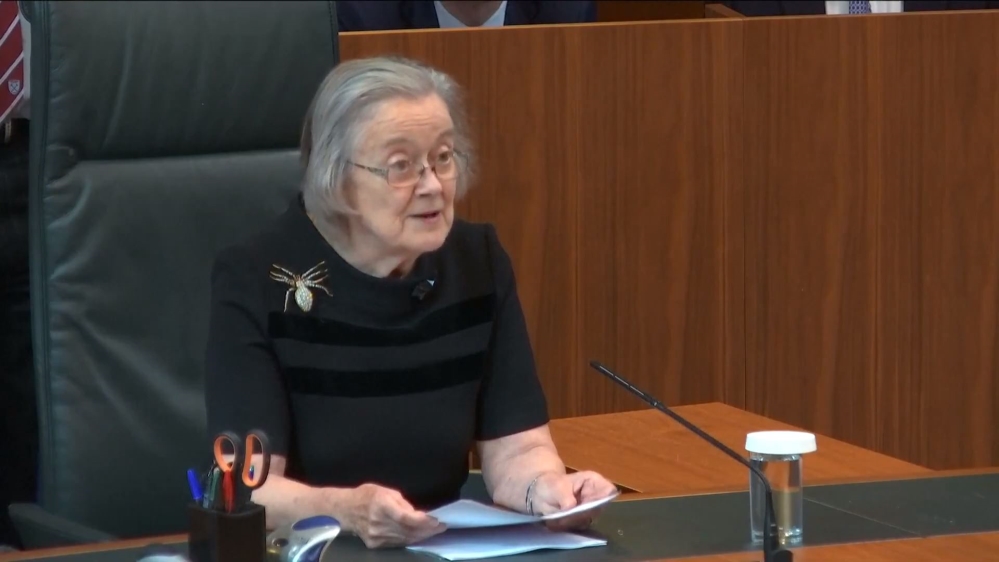 A handout screengrab made available by the Supreme Court of the United Kingdom shows President of The Supreme Court, Justice Lady Brenda Hale during the verdict on the prorogation of British parliamen