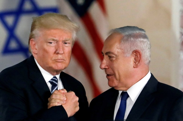 U.S. President Donald Trump and Israeli Prime Minister Benjamin Netanyahu shake hands after Trump''s address at the Israel Museum in Jerusalem May 23, 2017