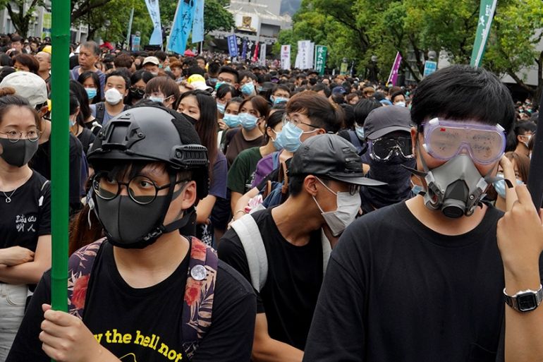 University student wearing safety gear join a strike on the first day of school at the Chinese University in Hong Kong, on Monday, Sept. 2, 2019. The nearly three months of youth-dominated protests ca