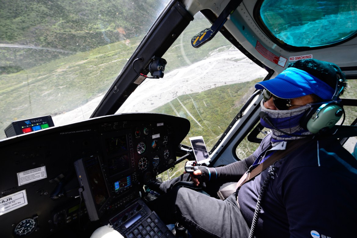 Banking towards Pheriche Aid Post, Captain Pun brings into view a braided river channel, widened by floodwaters. A ruptured glacial pond can release millions of cubic litres into the valley, and the s
