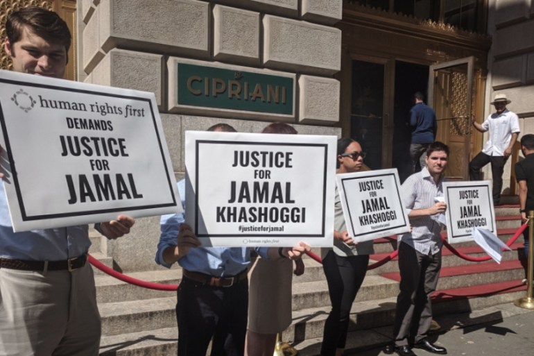 Protestors rally outside MBS ''rehabilitation’ event in NYC [James Reinl/Al Jazeera]