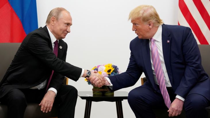 Russia''s President Vladimir Putin and U.S. President Donald Trump shake hands during a bilateral meeting at the G20 leaders summit in Osaka, Japan, June 28, 2019. REUTERS/Kevin Lamarque
