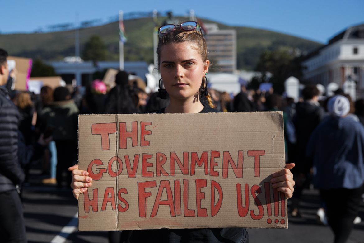 “We are here because enough is enough,” said Emily Shay, a UCT student outside Parliament. She said that women are scared to live in this country. Shay said that the government is failing them. “I do
