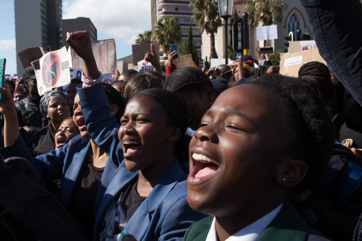 Many high school pupils gathered to protest outside Parliament. In the past week alone, South African boxing champion Leighandre Jegels, university student Jesss Hess and 14 year old Janika Mallo were