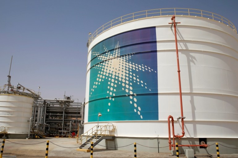 An Aramco oil tank is seen at the Production facility at Saudi Aramco''s Shaybah oilfield in the Empty Quarter, Saudi Arabia May 22, 2018. Picture taken May 22, 2018