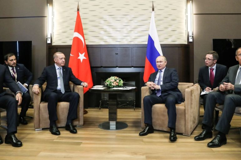 President of Turkey, Recep Tayyip Erdogan in Sochi - - SOCHI, RUSSIA - OCTOBER 22: President of Turkey, Recep Tayyip Erdogan (L) and Russian President Vladimir Putin (R) meet in Sochi, Russia on Octob