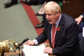 A handout picture released by the UK Parliament shows shows Britain''s Prime Minister Boris Johnson speaking in the House of Commons in London on October 29, 2019, during a debate on the Early Parliame