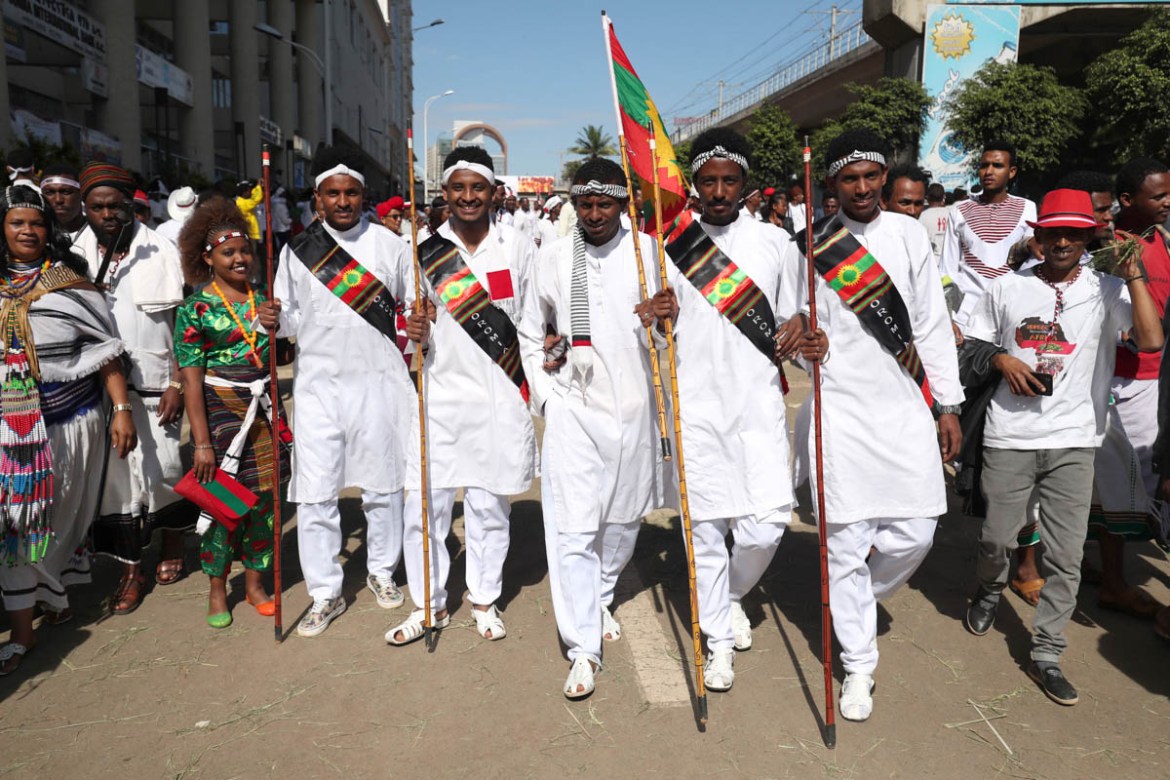 Ethiopian men dressed in traditional costumes take part in the Irreecha celebration, the Oromo People thanksgiving ceremony in Addis Ababa, Ethiopia. October 5, 2019.REUTERS/Tiksa Negeri