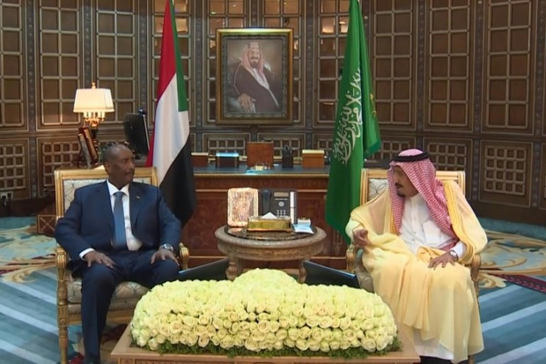Sudanese head of the civilian-military ruling council General Abdel Fattah al-Burhan and Prime Minister Abdalla Hamdok arrive to Riyadh to met Saudi King Salman on their first joint visit to a foreign