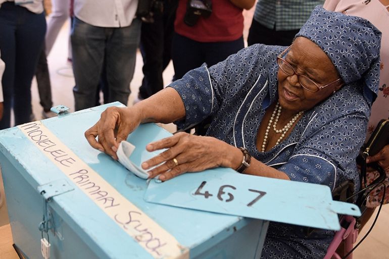 Precious Masego Masisi (91), the mother of Mokgweetsi Masisi, the President of Botswana and the leader of the Botswana Democratic Party (BDP), casting her ballot at the Mosielele Primary School pollin