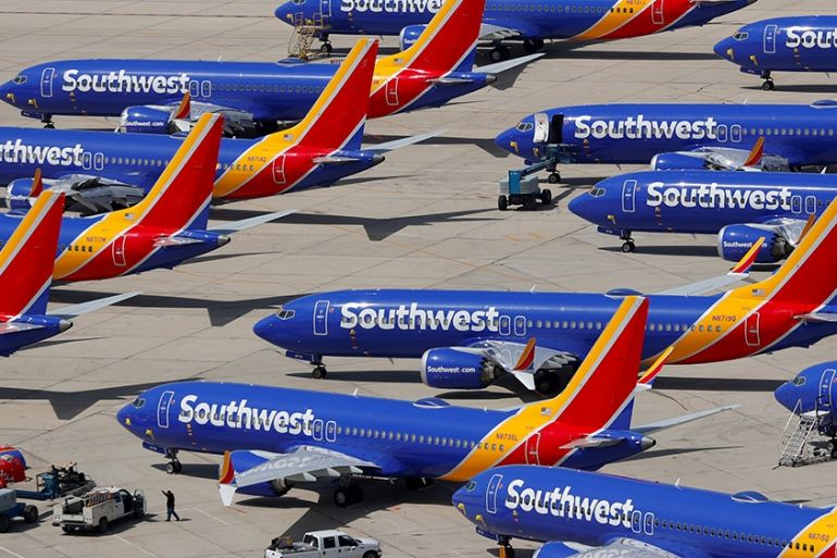 A number of grounded Southwest Airlines Boeing 737 MAX 8 aircraft are shown parked at Victorville Airport in Victorville, California, USA