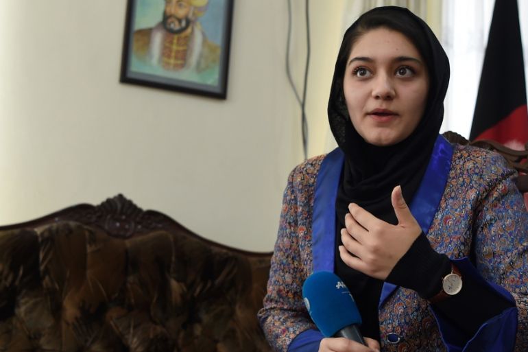In this photo taken on October 16, 2019, Aisha Khurram, 20, Afghanistan’s youth representative to the United Nations, speaks during an interview with AFP in Kabul. Afghanistan''s ruling elite and inte