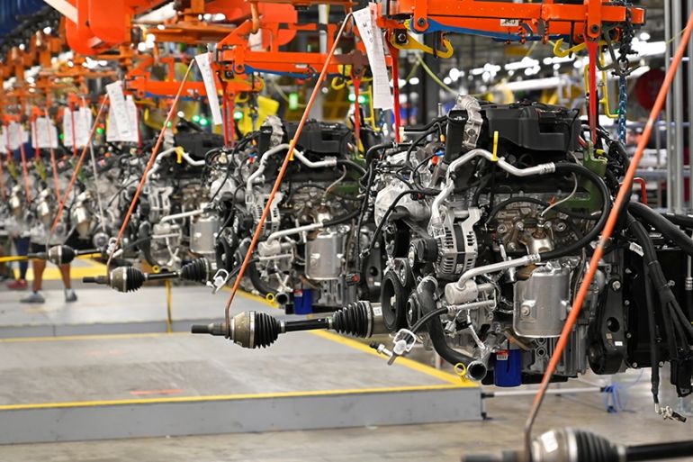 Engines assembled are pictured as they make their way through the assembly line at the General Motors (GM) manufacturing plant in Spring Hill, Tennessee, U.S.August 22, 2019