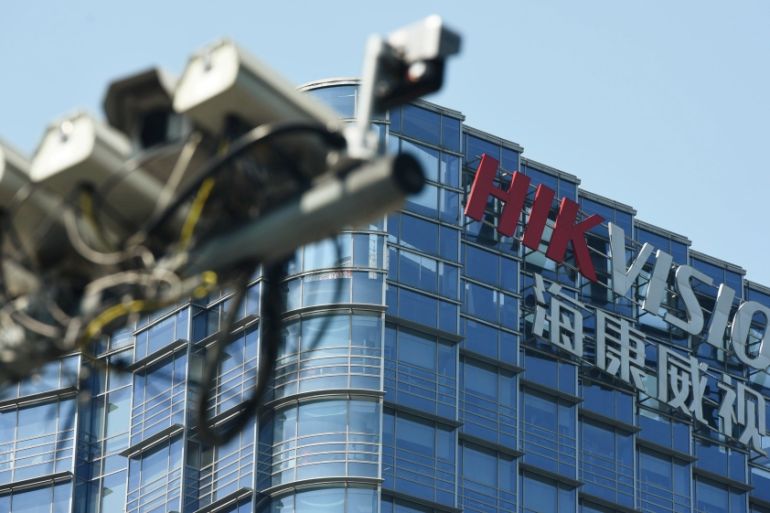 Surveillance cameras are seen near the headquarters of Chinese video surveillance firm Hikvision in Hangzhou
