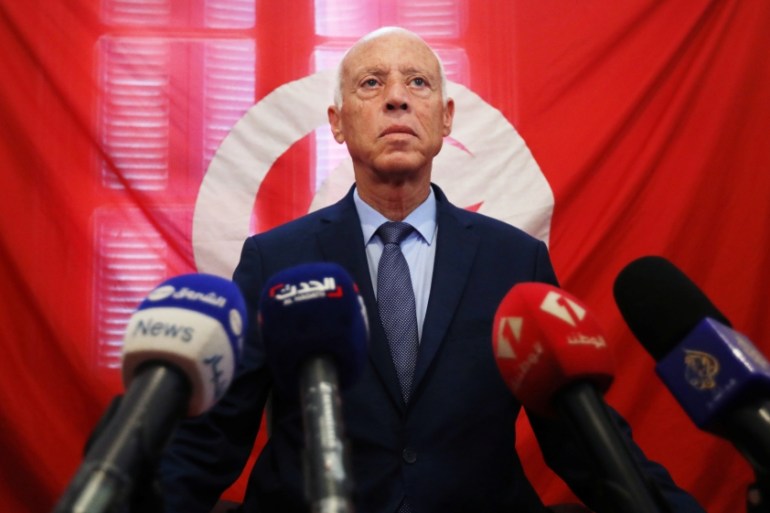 Presidential candidate Kais Saied speaks as he attends a news conference after the announcement of the results in the first round of Tunisia''s presidential election in Tunis