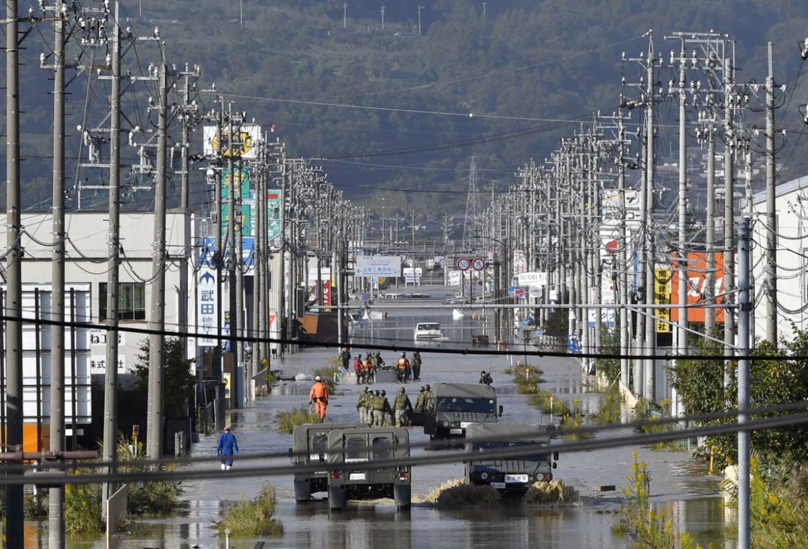 A residential area flooded by the Chikuma river, caused by Typhoon Hagibis is seen in Nagano, central Japan, October 13, 2019, in this photo taken by Kyodo. Mandatory credit Kyodo/via REUTERS