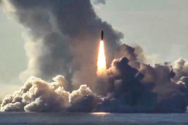 In this photo made from the footage taken from Russian Defense Ministry official web site on Thursday, May 24, 2018, the Russian nuclear submarine Yuri Dolgoruky test-fires the Bulava missiles from th