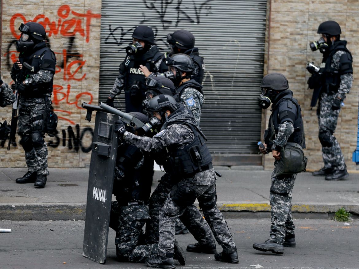 Police clash with anti-government demonstrators in Quito, Ecuador, Friday, Oct. 11, 2019. Protests, which began when President Lenin Moreno''s decision to cut subsidies led to a sharp increase in fuel