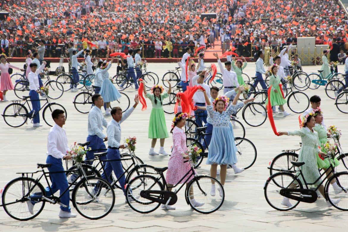 Performers with bicycles take part in the parade marking the 70th founding anniversary of People''s Republic of China, on its National Day in Beijing, China October 1, 2019. REUTERS/Jason Lee