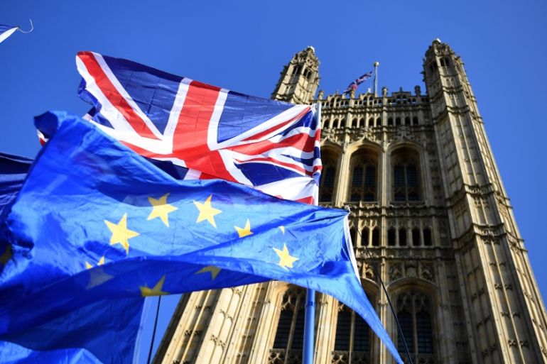 British and EU flags outside Parliament in London, Britain, 22 October 2019. MPs (Members of Parliament) are set to vote on British Prime Minister Boris Johnson''s Brexit timetable on 22 October