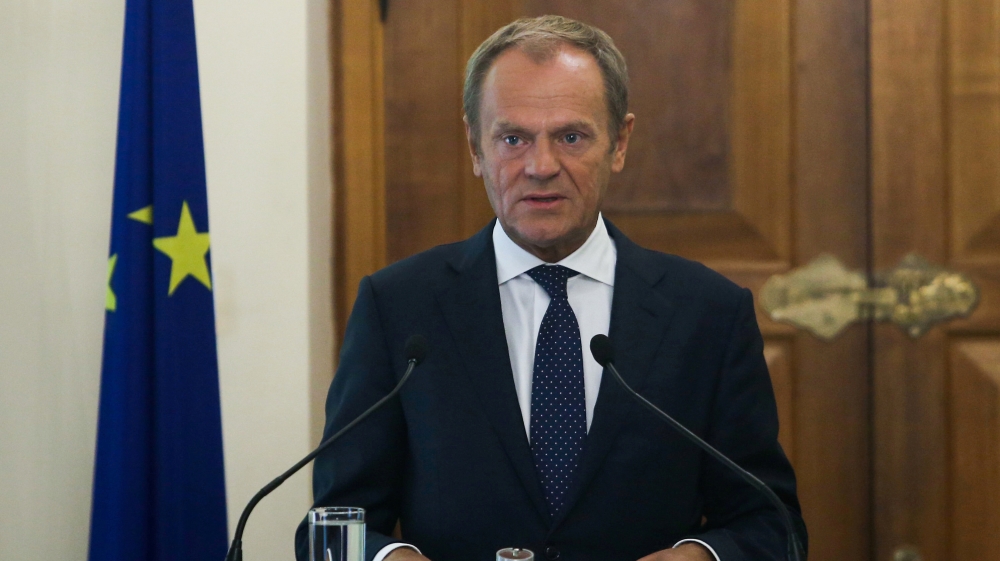 European Council, President Donald Tusk attends a news conference at the Presidential Palace in Nicosia
