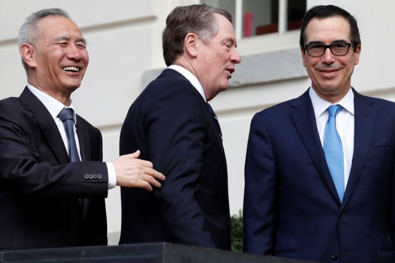 U.S. Treasury Secretary Steve Mnuchin greets China''s Vice Premier Liu He