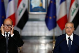 French Foreign Minister Jean-Yves Le Drian speaks during a news conference with Iraqi Foreign Minister Mohamed Ali Alhakim at the Ministry of Foreign Affairs in Baghdad, Iraq October 17, 2019. REUTERS