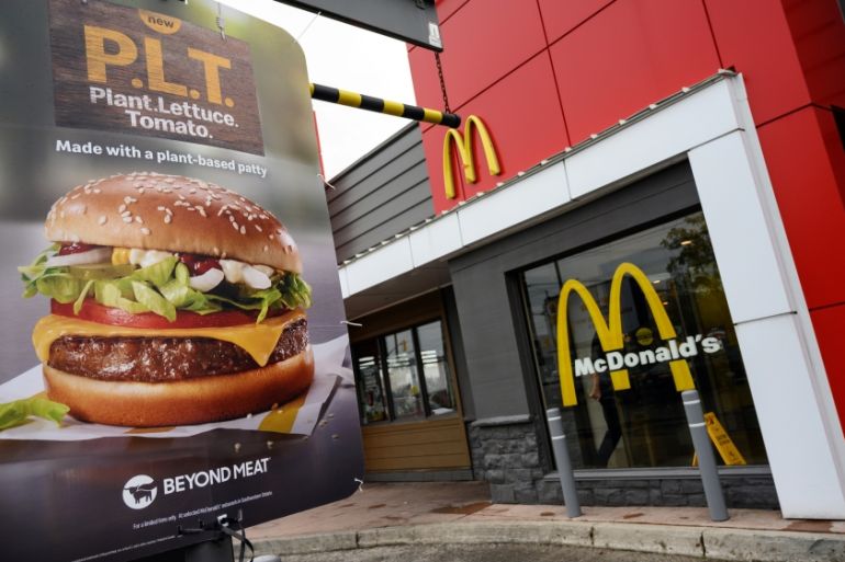 A sign promoting McDonald''s "PLT" burger with a Beyond Meat plant-based patty at one of 28 test restaurant locations in London, Ontario